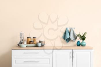 Set of utensils on kitchen counter�