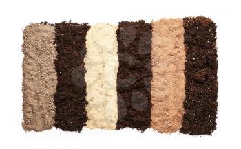 Different types of soil on white background�