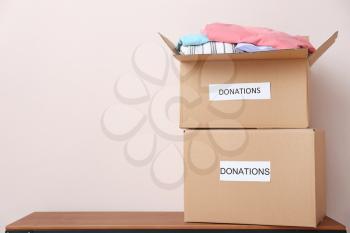 Boxes with donations on table�