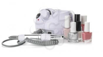 Supplies for manicure on white background�