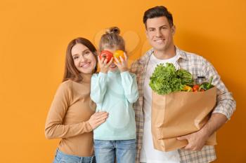 Family with food in bag on color background�