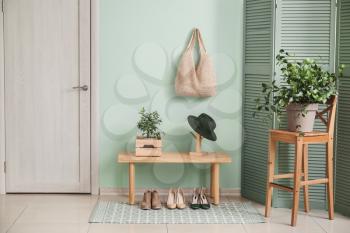Stylish interior of modern hall with table, houseplants and shoes�