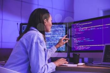 Female programmer working in office at night�