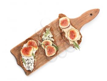 Tasty sandwiches with fig on white background�