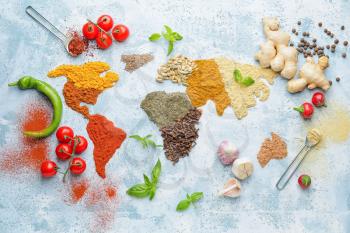 World map made of different spices on light background�