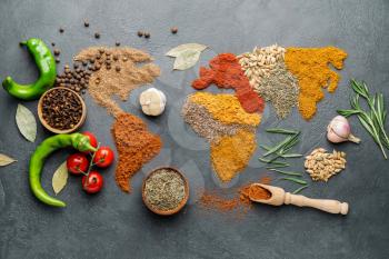 World map made of different spices on grey background�