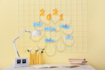 Moodboard with figure 2021 and different goals on wall in room�