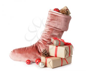 Christmas sock with gifts on white background�