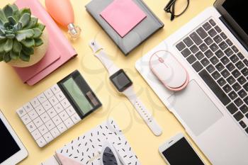 Composition with different modern devices on color background�