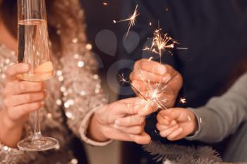 Happy family with sparklers and champagne celebrating Christmas at home, closeup�