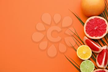 Fresh citrus fruits on color background�