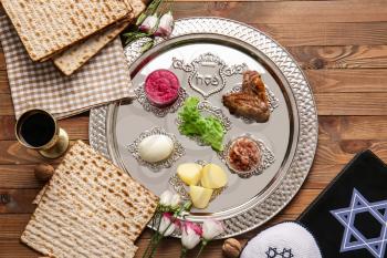 Passover Seder plate with traditional food on table�