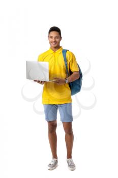 Male African-American student with laptop on white background�