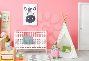 Interior of stylish children's room with comfortable bed�