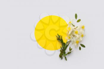 Beautiful daffodils and blank card on white background�