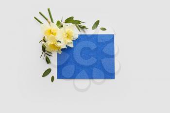 Beautiful daffodils and blank card on white background�