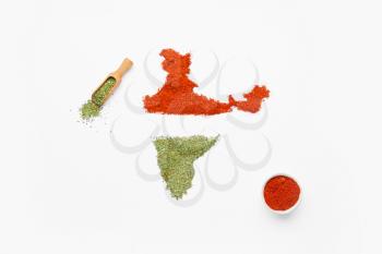 Indian continent made of spices on white background�