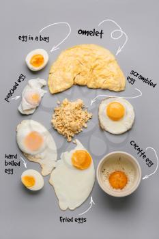 Different delicious egg recipes on grey background�