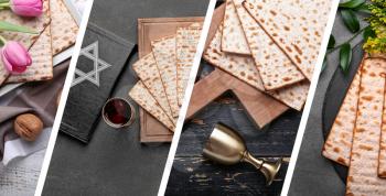 Collage of Jewish flatbread matza and red wine for Passover celebration�