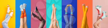Legs of stylish young women on color background�