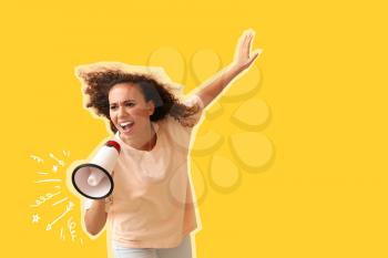 Angry protesting African-American woman with megaphone on color background�
