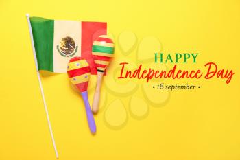 Greeting card for Independence day of Mexico with Mexican flag and maracas�
