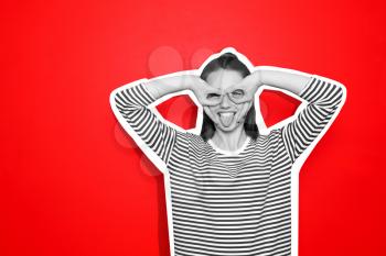 Funny young woman on color background. Black and white effect on photo�