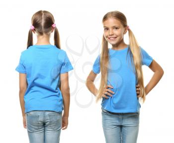 Little girl in t-shirt on white background. Front and back view�