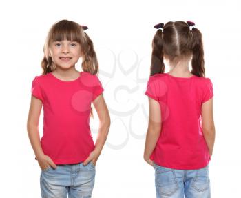 Little girl in t-shirt on white background. Front and back view�