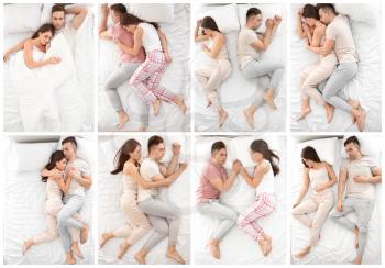 Young couple sleeping in different positions on bed, top view�