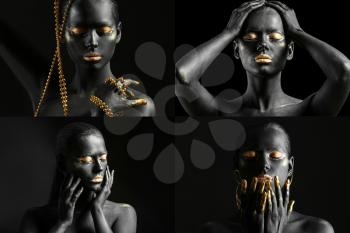 Collage of photos with beautiful woman painted with black and golden colors�