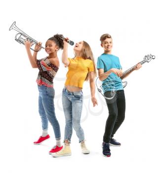Teenage musicians with drawing instruments playing against white background�