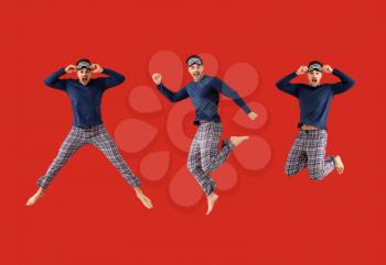 Collage with jumping young man in pajamas on color background�