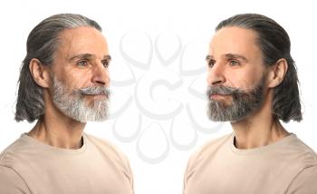 Comparison portrait of mature man on white background. Process of aging�