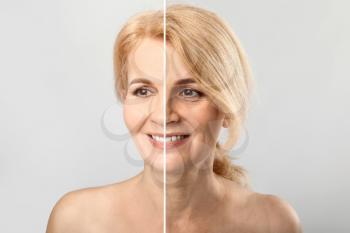 Comparison portrait of middle-aged woman on light background. Process of aging�
