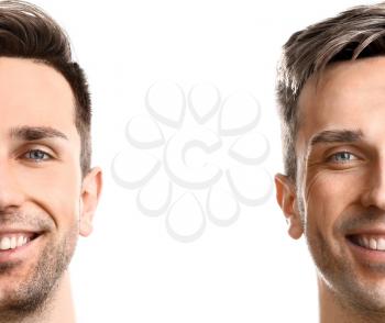 Comparison portrait of man with young and old skin on white background. Process of aging�
