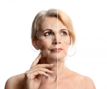 Comparison portrait of middle-aged woman on white background. Process of aging�