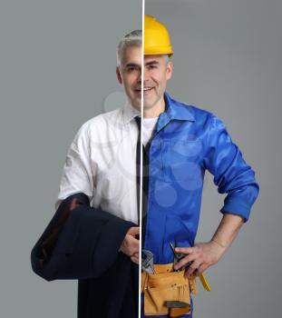 Comparison portrait of man in uniforms of different professions on grey background�