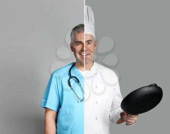Comparison portrait of man in uniforms of different professions on grey background�