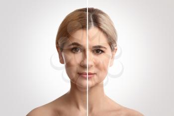 Comparison portrait of woman on light background. Process of aging�