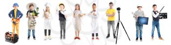 Children in uniforms of different professions on white background�