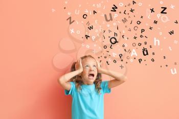 Stressed little girl and many letters on color background�