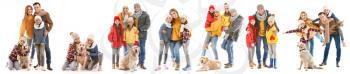 Collage with happy family in autumn clothes on white background�