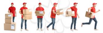 Set of delivery man with boxes on white background�
