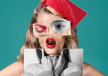 Creative collage with beautiful young women on color background�