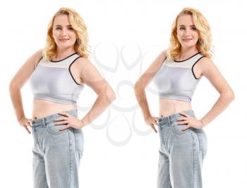Mature woman before and after weight loss on white background�