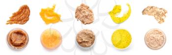 Set of different body scrubs on white background�