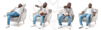 Collage with African-American man relaxing in armchair against white background�