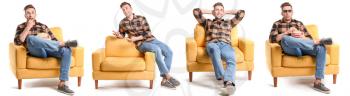 Collage with handsome man with armchair on white background�