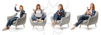 Collage with emotional woman sitting in armchair against white background�